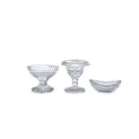A COLLECTION OF THREE IRISH CUT GLASS OPEN SALT CELLARS, one formed as miniature turn over bowl, and