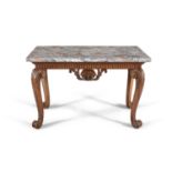 A GEORGE III STYLE PALE WALNUT RECTANGULAR SIDE TABLE, the red and grey marble top above a moulded