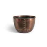 A 19TH CENTURY COPPER CIRCULAR LOG BUCKET, with external rivets and rolled rim. 50.6cm diameter x