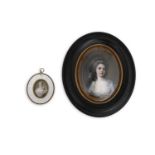 A CONTINENTAL PAINTED PORCELAIN OVAL PORTRAIT OF A YOUNG LADY, framed. 13 x 10cm; together with a