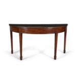 A 19TH CENTURY DEMI-LUNE SIDE TABLE, the plain top with reeded rim, raised on square tapered legs