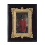 A VICTORIAN HAND COLOURED PHOTOGRAPH OF A HUNTSMAN, in a gilded gesso mount and glazed frame, the