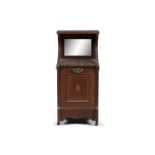 AN EDWARDIAN INLAID MAHOGANY RECTANGULAR COAL CABINET, with mirror back above fall front zinc