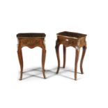 A PAIR OF FRENCH SATINWOOD AND MARQUETRY NIGHT TABLES WITH GILT BRASS MOUNTS, fitted with frieze