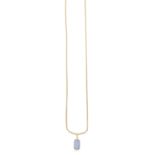 AN AQUAMARINE AND DIAMOND PENDANT ON CHAIN, the elongated aquamarine within collet-setting, to a