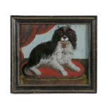 VICTORIAN SCHOOL Portrait of a Spaniel seated on red cushion Reverse painted glass, 29 x 32cm