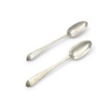 A PAIR OF IRISH GEORGE III SILVER TAPER HANDLED BRIGHT CUT SERVING SPOONS, Dublin 1791, mark of
