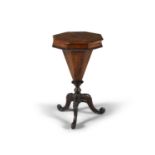 A VICTORIAN STAINED WOOD OCTAGONAL WORK TABLE, raised on tripod supports. 40.5 x 39 x 72cm high