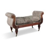 A MAHOGANY FRAMED SCROLL END WINDOW SEAT, the frame carved with foliate decoration, upholstered in