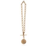 A GOLD CHAIN NECKLACE WITH MEDALLION PENDANT, the elongated curb-link chain with T-bar and a round