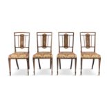 A SET OF FOUR EDWARDIAN INLAID CHAIRS, each with square open backs with central tablet inlaid with