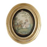 A PAIR OF 19TH CENTURY OVAL NEEDLEWORK AND PAINTED SILK PICTURES, of a boy and a matching girl