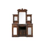 AN EDWARDIAN INLAID WALNUT CHIFFONIER, with raised mirror back and open shelves above twin mirror