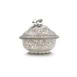 A FINE TRELLISWORK SILVER BASKET AND COVER, Dublin 1916, of oval form, the pierced cover with bud