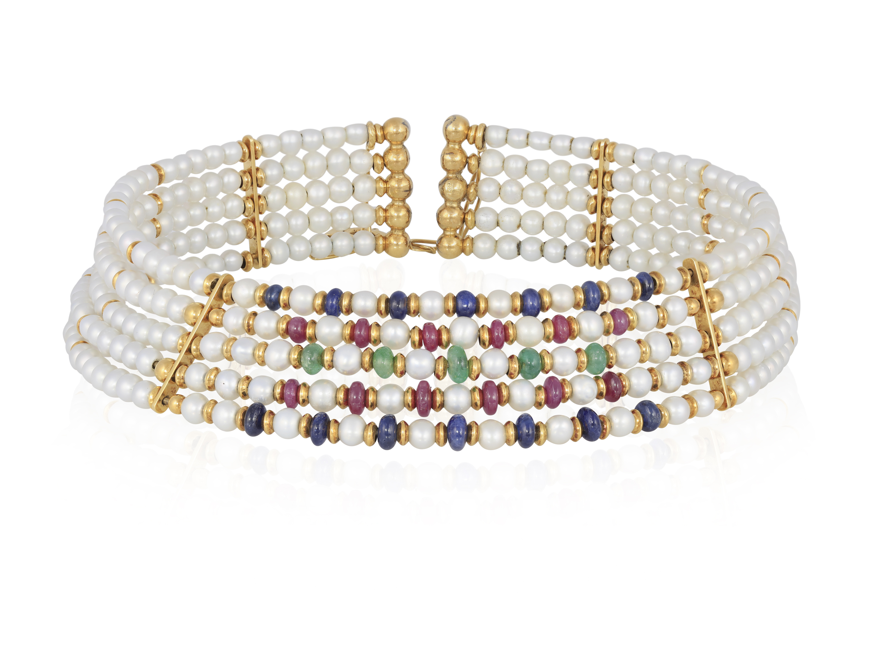 A CULTURED PEARL AND GEM-SET CHOKER, the sprung collar designed as five rows of cultured pearls,