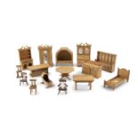 A GOOD COLLECTION OF IRISH MADE DOLL'S HOUSE TIMBER FURNITURE, comprising dressers, bed, chairs,