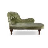 A VICTORIAN UPHOLSTERED SINGLE SCROLL END CHAISE LONGUE, covered in buttoned green velvet and raised