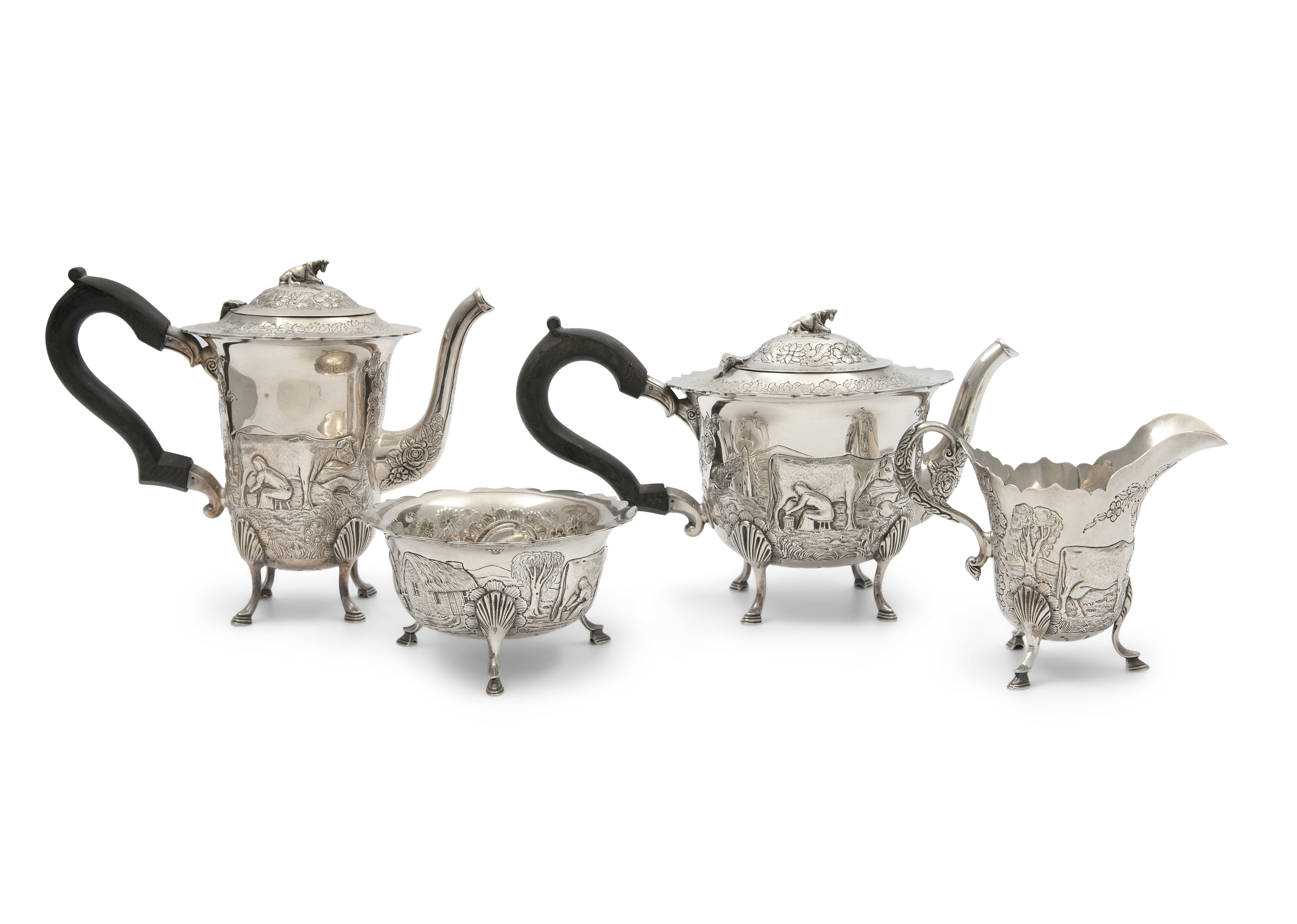 AN IRISH SILVER 'DAIRY MAID' PATTERN FOUR PIECE TEA AND COFFEE SERVICE, Dublin 1981, comprising a