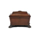 A GEORGE IV MAHOGANY RECTANGULAR SARCOPHAGUS CELLARETTE, the domed lid opening to reveal a fitted