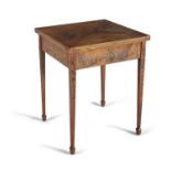 AN EDWARDIAN PAINTED SATINWOOD SQUARE ENVELOPE TOP CARD TABLE, on square supports. 61 x 61cm