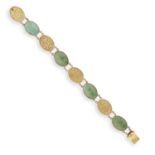 A CHINESE GOLD AND JADEITE JADE FANCY-LINK BRACELET, of alternating size, with four oval polished