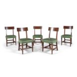 A SET OF FIVE EDWARDIAN PLAIN MAHOGANY RAIL BACK DINING CHAIRS, with green hide seats, raised on