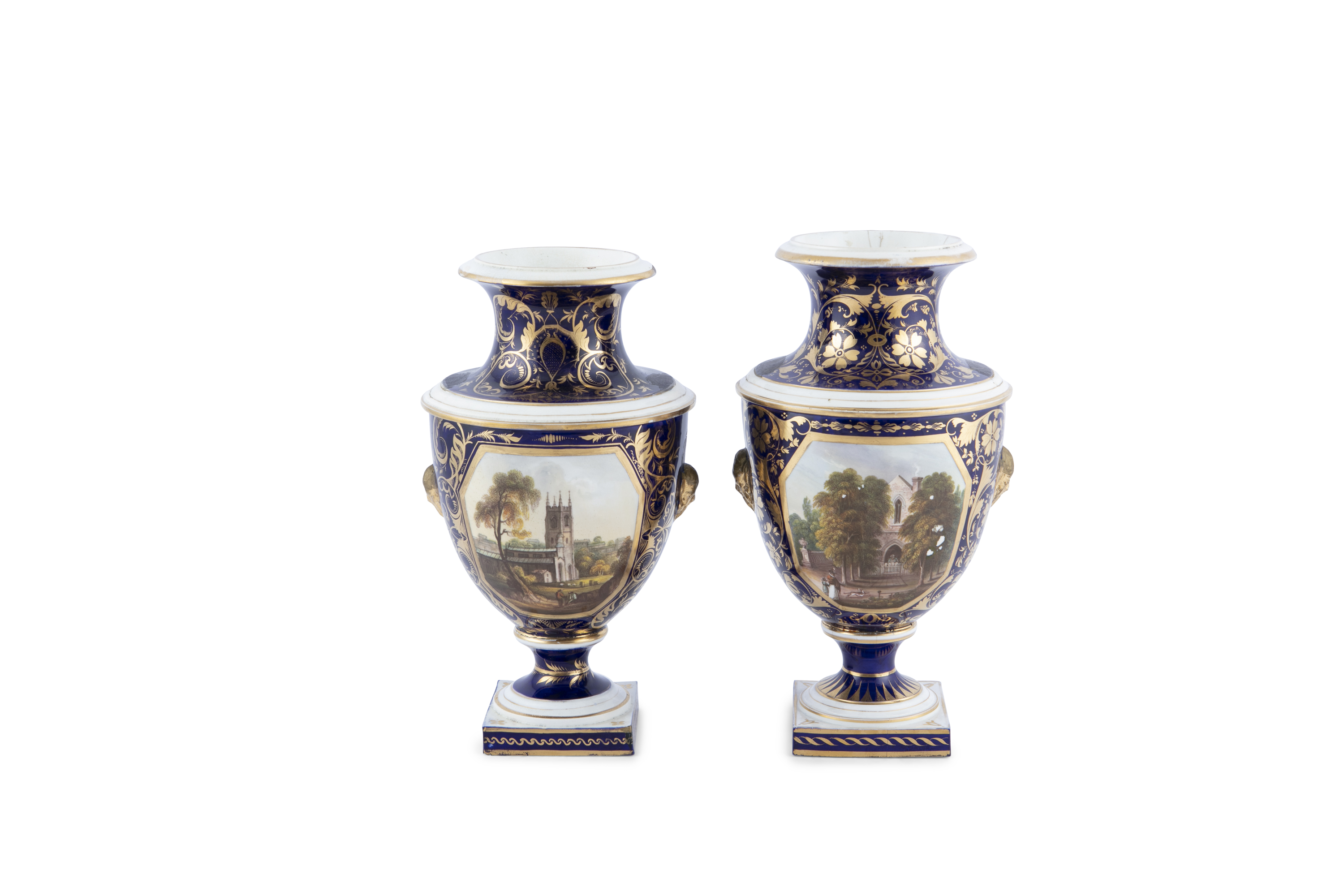 A PAIR OF BLOOR DERBY PAINTED PORCELAIN VASES, c.1830, depicting 'A view in Kent' and 'Chipping