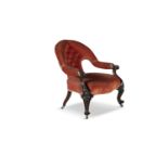 A VICTORIAN BALLOON BACK OPEN ARMCHAIR, the button back and seat upholstered in orange upholstery,