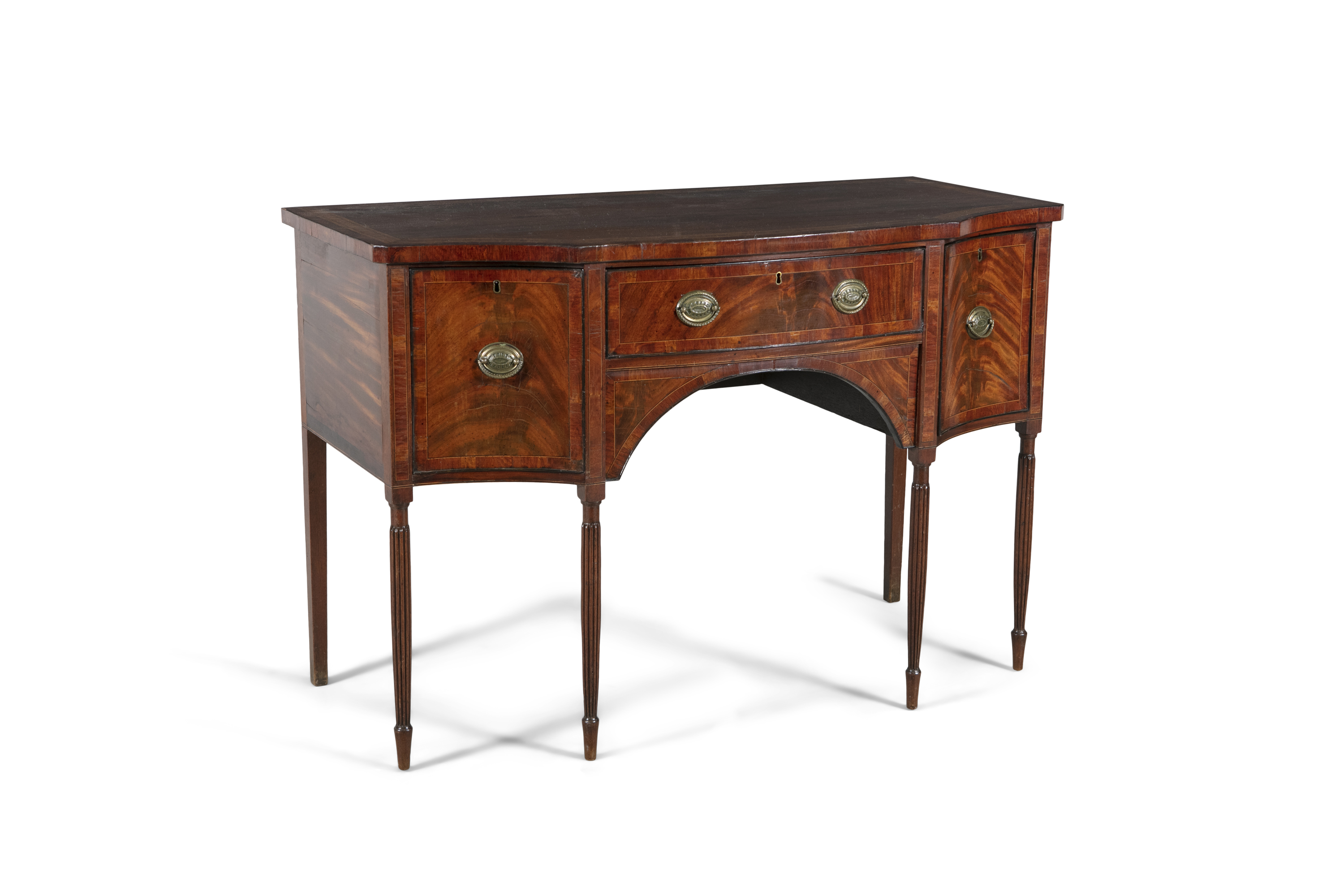A GEORGE III MAHOGANY CROSS BANDED SERPENTINE SIDEBOARD, of compact form, the shaped rectangular top - Image 2 of 2