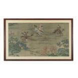A 19TH CENTURY CHINESE SILK PANEL, depicting a hunters on horseback pursuing deer and foxes. 42 X
