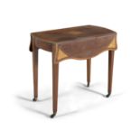 AN EDWARDIAN INLAID MAHOGANY DOUBLE DROP LEAF PEMBROKE TABLE, with single frieze drawer, on square