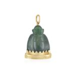 A GREEN BUDDAH CHARM/PENDANT, carved in possibly green agate, sitting on a gold throne, with gold