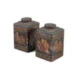 A PAIR OF LARGE CHINIOSERIE DECORATED TOLE WARE TIN BINS, each squared shape, with circular cover,