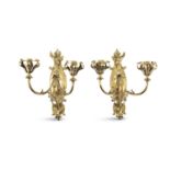 A PAIR OF ART NOUVEAU CAST BRASS TWO LIGHT WALL SCONCES, each with shaped oval back plate and