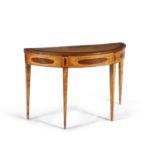 AN IRISH SATINWOOD, PEARWOOD AND BOXWOOD INLAID SEMI ELLIPTICAL GAMES TABLE, the fold over top