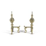 A PAIR OF DUTCH 17TH CENTURY STYLE BRASS ANDIRONS, with pierced baluster columns on scroll tripod