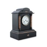 A VICTORIAN BLACK MARBLE MANTLE CLOCK, c.1880, of architectural form with rouge marble pilasters,