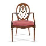 A PAIR OF SHERATON REVIVAL PAINTED SATINWOOD OPEN ARMCHAIRS, the oval backs decorated with Prince of