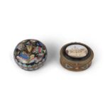 A SMALL CHINESE CLOISONNE ENAMEL CIRCULAR BOX AND COVER, late 19th century, on raised circular foot,
