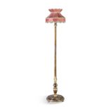 A PAINTED TIMBER STANDARD LAMP, the hexagonal column with white floral painted decoration, the