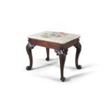 A 19TH CENTURY MAHOGANY FRAMED RECTANGULAR STOOL, the hinged seat with tapestry upholstery raised on