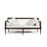 A MAHOGANY FRAMED THREE SEAT SOFA, 19th century, of rectangular form upholstered in white floral