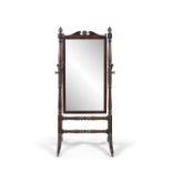 AN IRISH GEORGE IV MAHOGANY FRAMED CHEVAL MIRROR, with adjustable rectangular plate, between rope