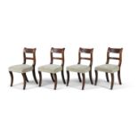 A SET OF SIX GEORGE IV MAHOGANY FRAMED DINING CHAIRS, with reeded curved panel backs above