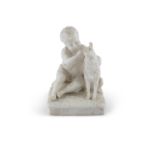 AN ITALIAN WHITE CARVED MARBLE MODEL OF A BOY PLAYING WITH A DOG, on square base, inscribed 'I Due