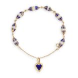 A CULTURED PEARL AND ENAMEL BRACELET, each pearl with bleu enamel heart pendant, mounted in gold,