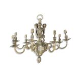 A CAST BRASS EIGHT LIGHT ELECTROLIER, the central column decorated with three putti and with cast
