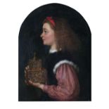 VICTORIAN SCHOOL Portrait of a Young Lady with a Casket Oil on panel, 30 x 22cm Signed with initials