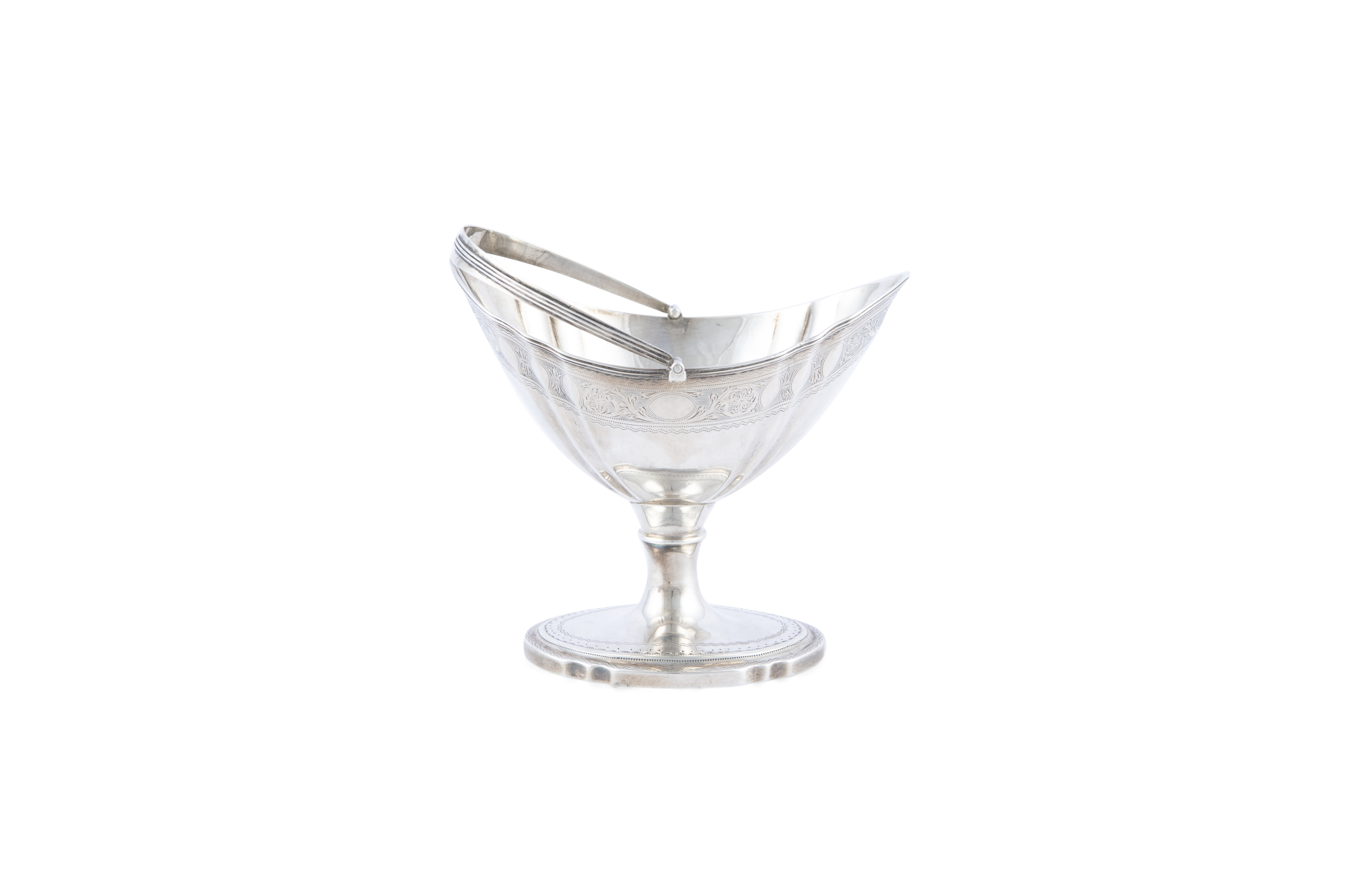 AN IRISH GEORGE III BRIGHT-CUT SILVER SUGAR BASKET, Dublin 1801, markers mark 'S R', with reeded