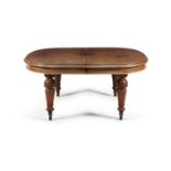 A VICTORIAN MAHOGANY EXTENDING OVAL DINING TABLE, the solid panel top with moulded rim, extending to
